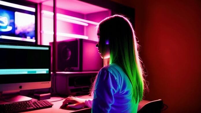 A girl in front of computer Computer displaying adult content
